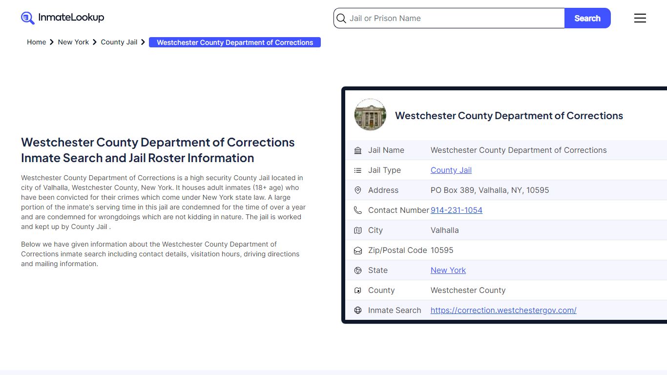 Westchester County Department of Corrections Inmate Search, Jail Roster ...
